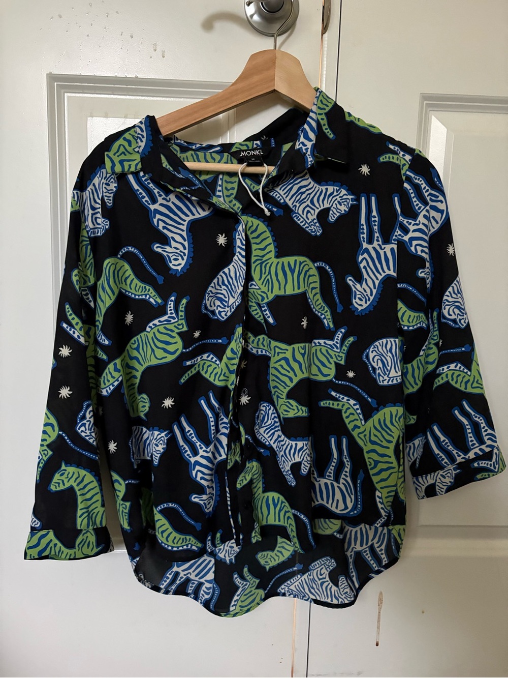 Monki Black Button-Up 3/4 sleeve Shirt with Blue & Green Zebra Print